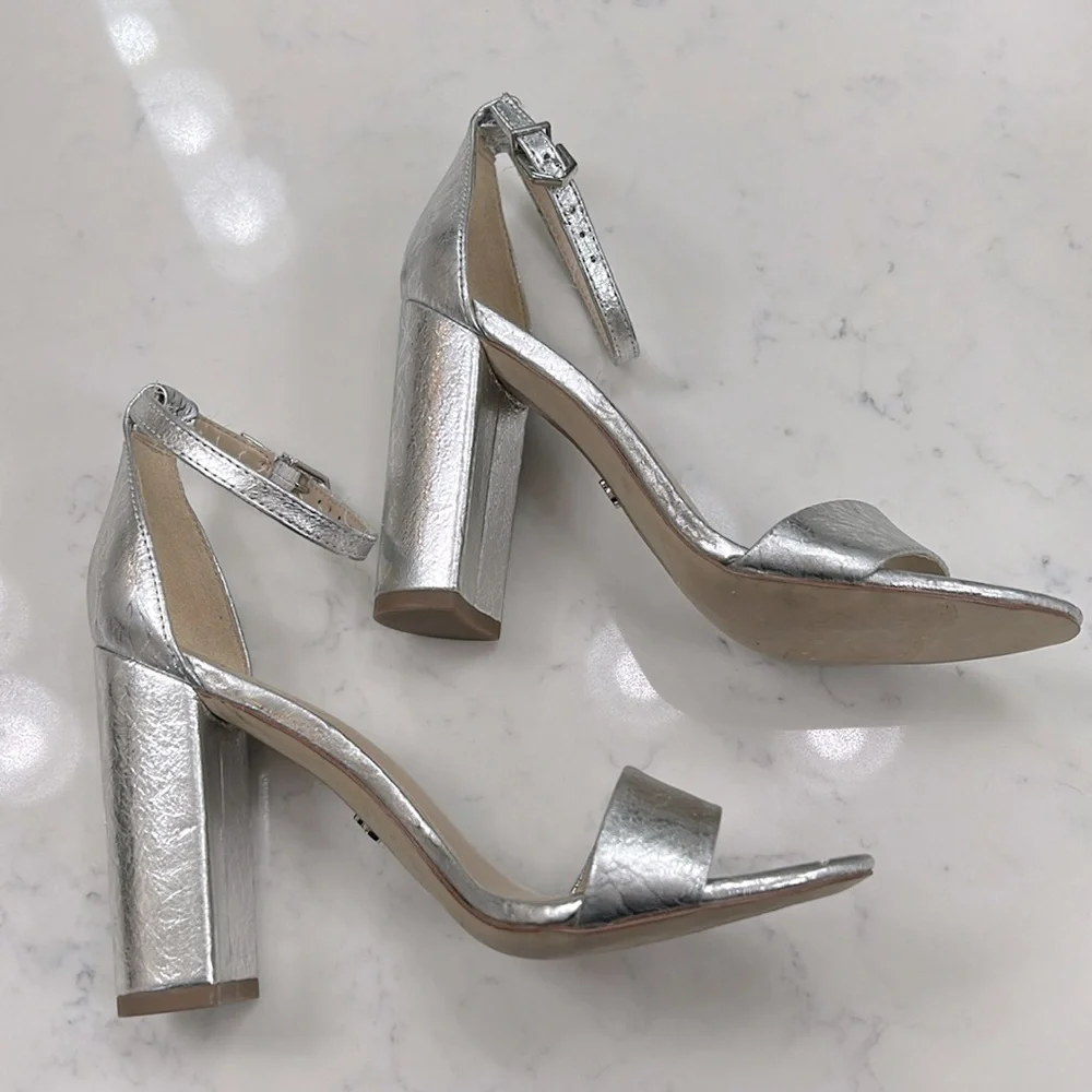 SAM EDELMAN Daniella Block Heel Leather Sandal Elegant Silver Size 6 - Picture 3 of 7